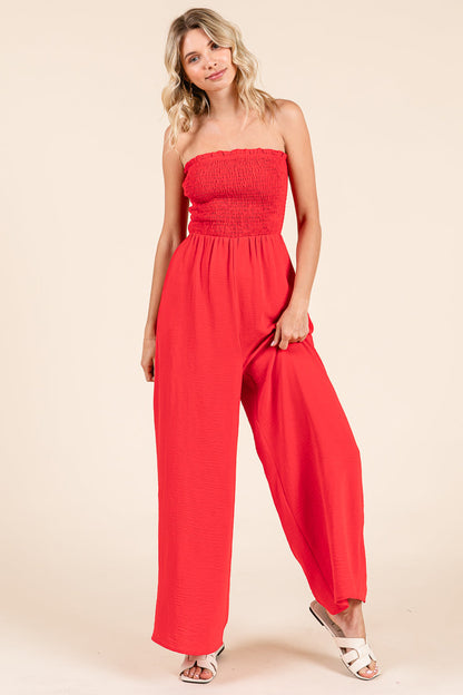 Strapless Smocked Wide-Leg Jumpsuit 1-Piece Outfit
