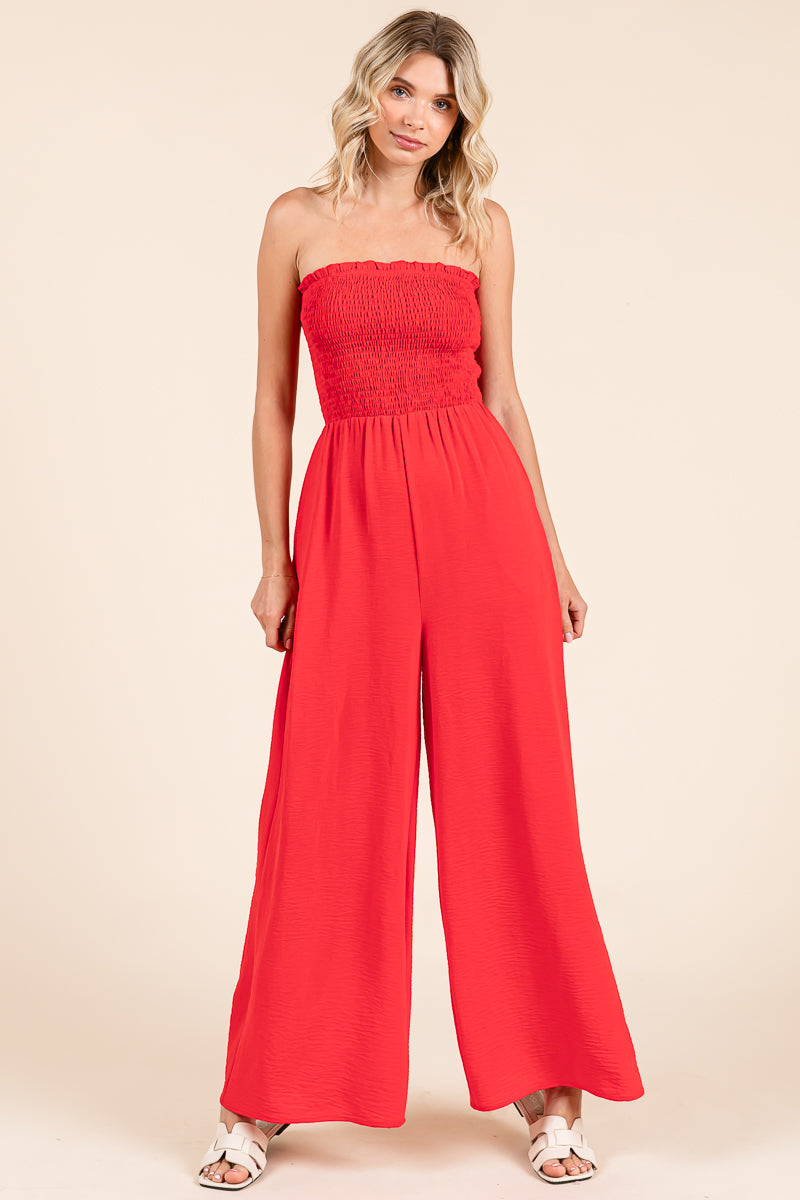 Strapless Smocked Wide-Leg Jumpsuit 1-Piece Outfit