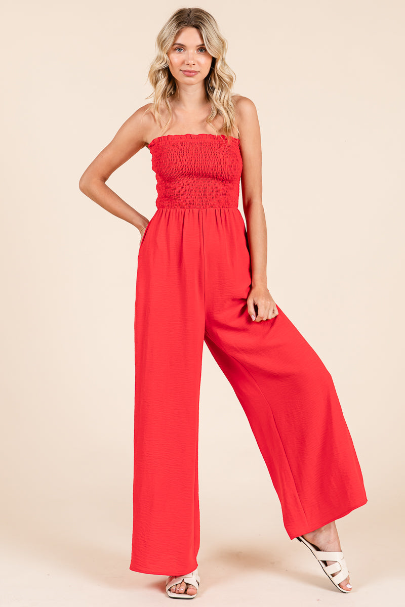 Strapless Smocked Wide-Leg Jumpsuit 1-Piece Outfit