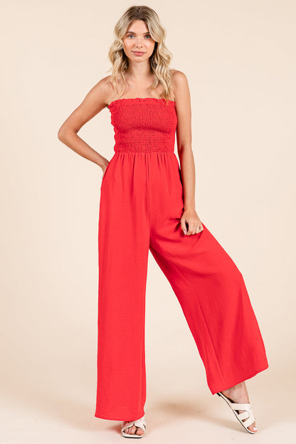 Strapless Smocked Wide-Leg Jumpsuit 1-Piece Outfit
