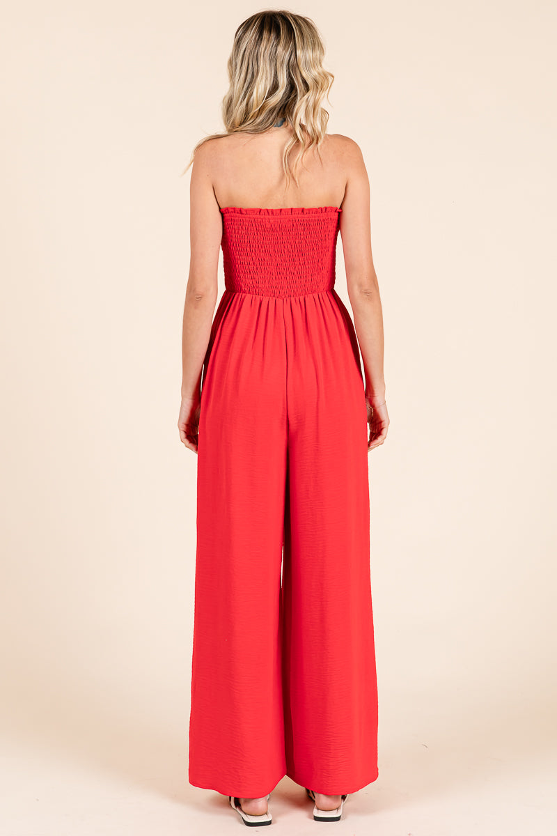Strapless Smocked Wide-Leg Jumpsuit 1-Piece Outfit