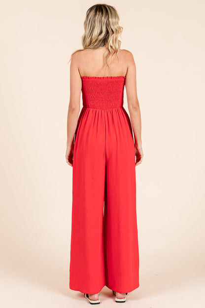 Strapless Smocked Wide-Leg Jumpsuit 1-Piece Outfit
