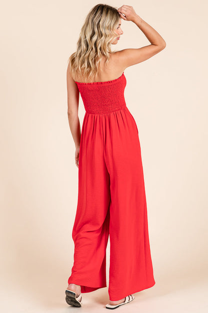 Strapless Smocked Wide-Leg Jumpsuit 1-Piece Outfit