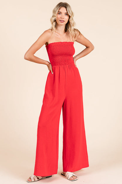 Strapless Smocked Wide-Leg Jumpsuit 1-Piece Outfit