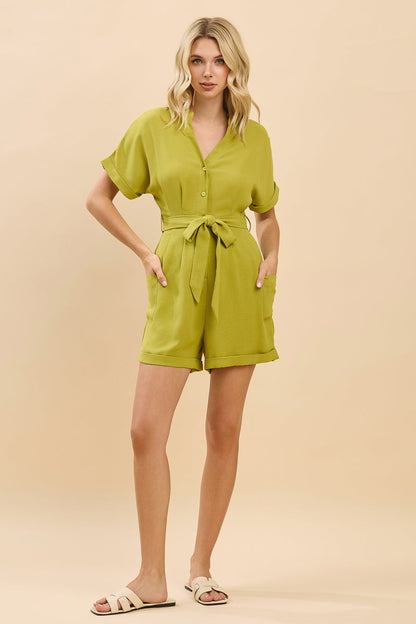 V Neck Belted Button-Up Short Sleeve Romper