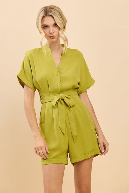 V Neck Belted Button-Up Short Sleeve Romper