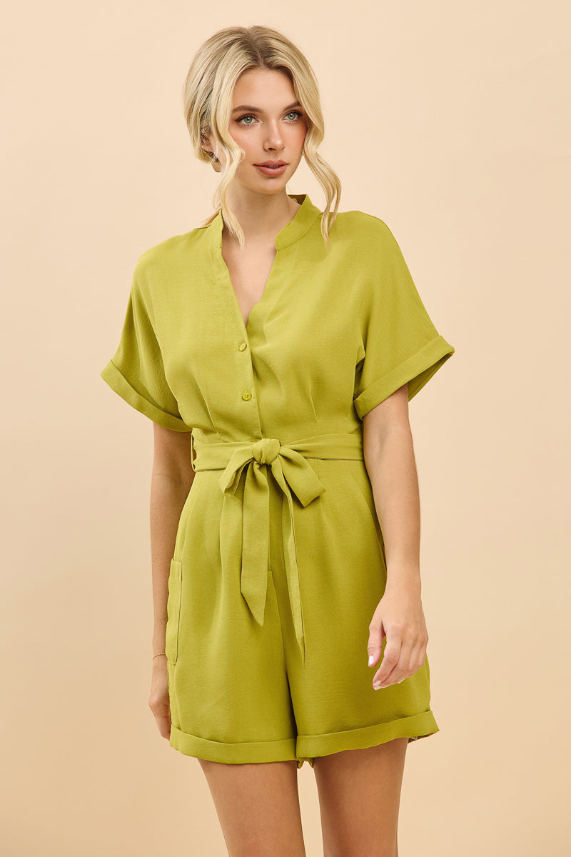 V Neck Belted Button-Up Short Sleeve Romper