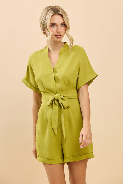 V Neck Belted Button-Up Short Sleeve Romper