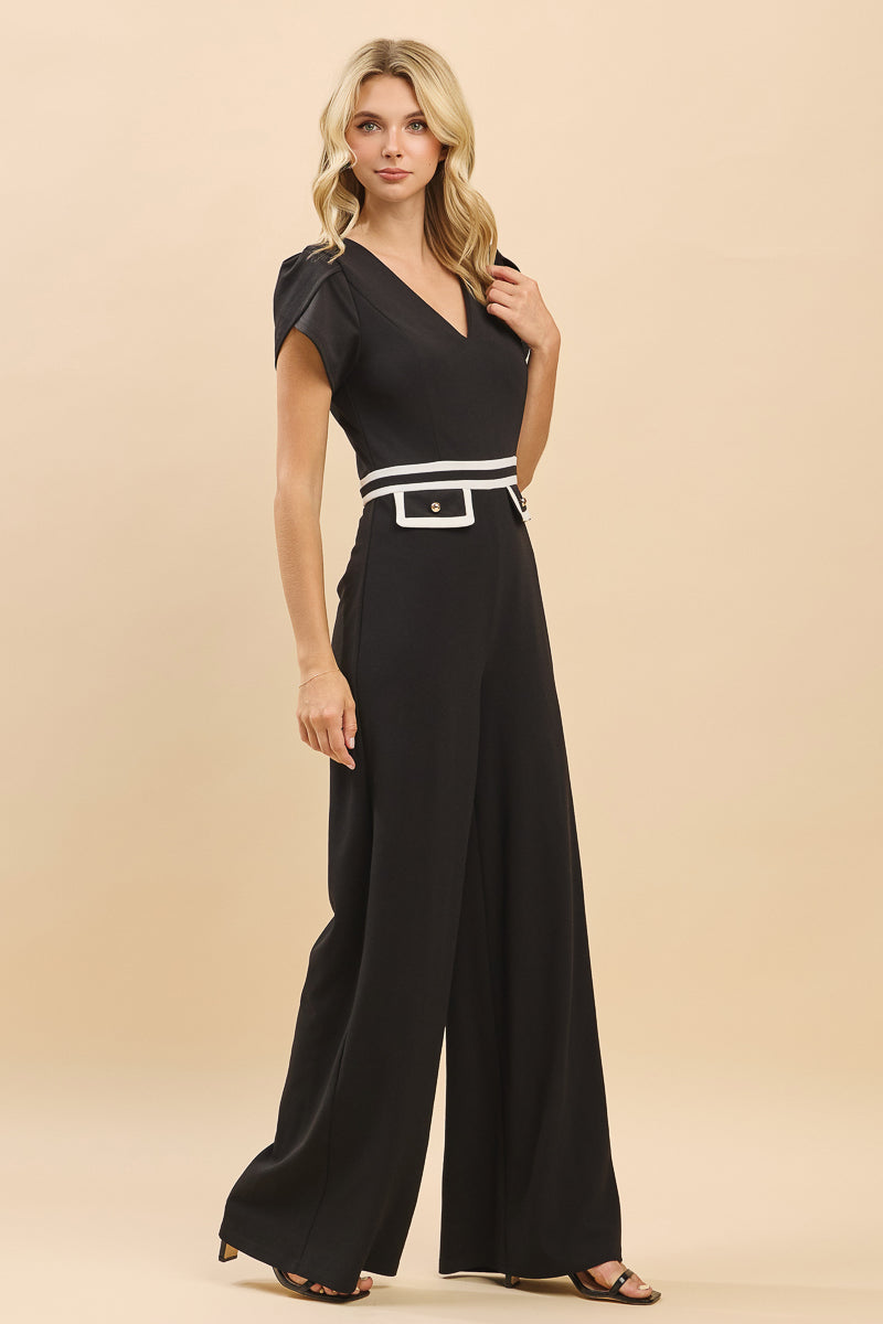 V-Neck Contrast Trim Wide-Leg Jumpsuit