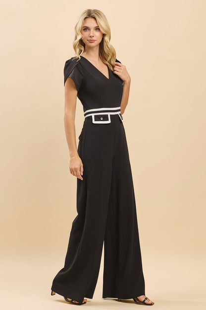 V-Neck Contrast Trim Wide-Leg Jumpsuit