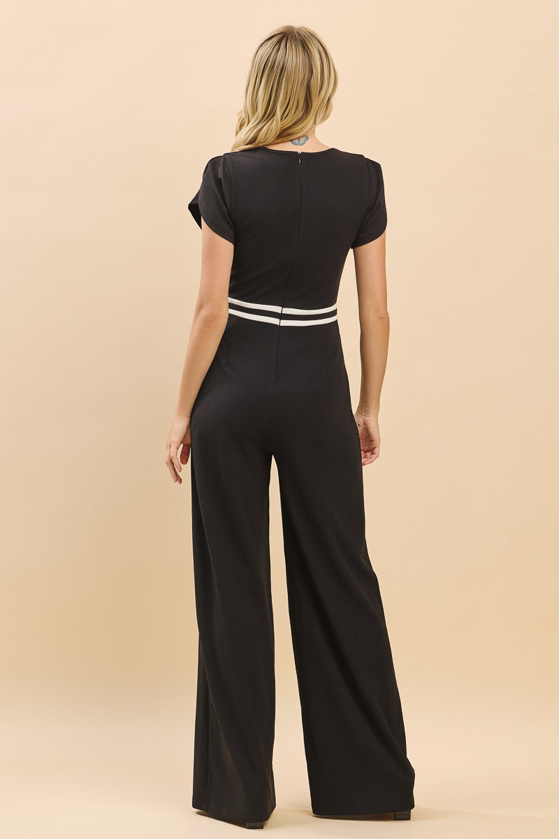 V-Neck Contrast Trim Wide-Leg Jumpsuit
