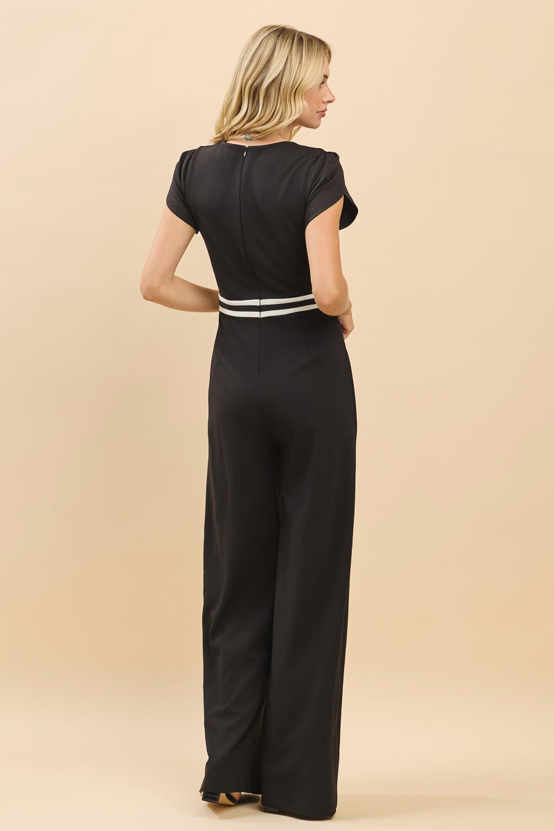 V-Neck Contrast Trim Wide-Leg Jumpsuit
