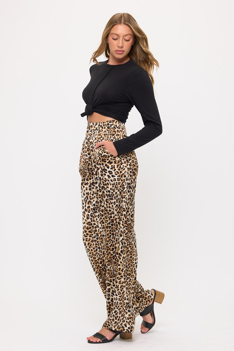 Satin Leopard Print Wide Leg Pants