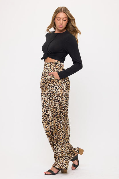 Satin Leopard Print Wide Leg Pants