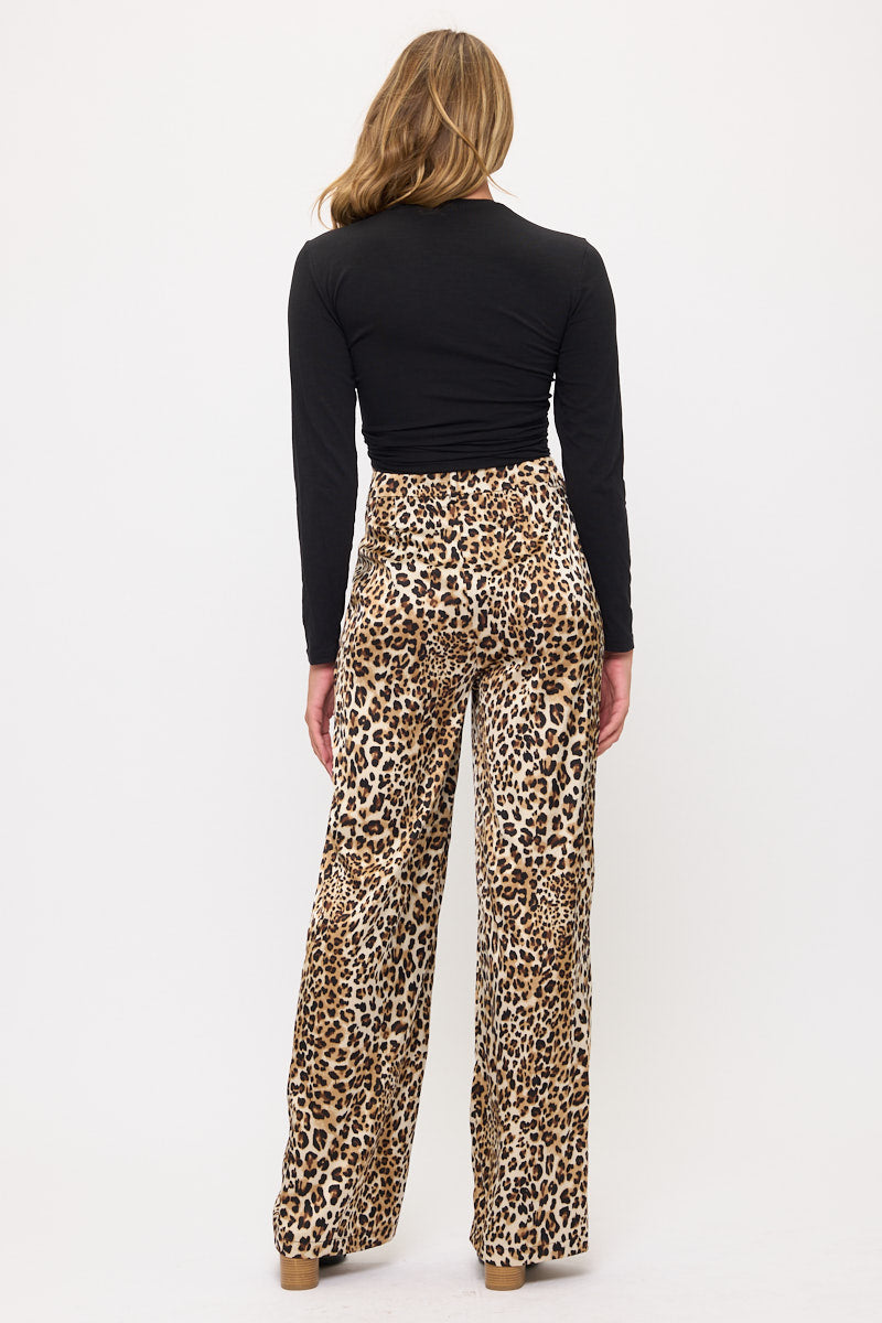 Satin Leopard Print Wide Leg Pants