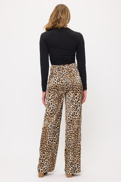 Satin Leopard Print Wide Leg Pants