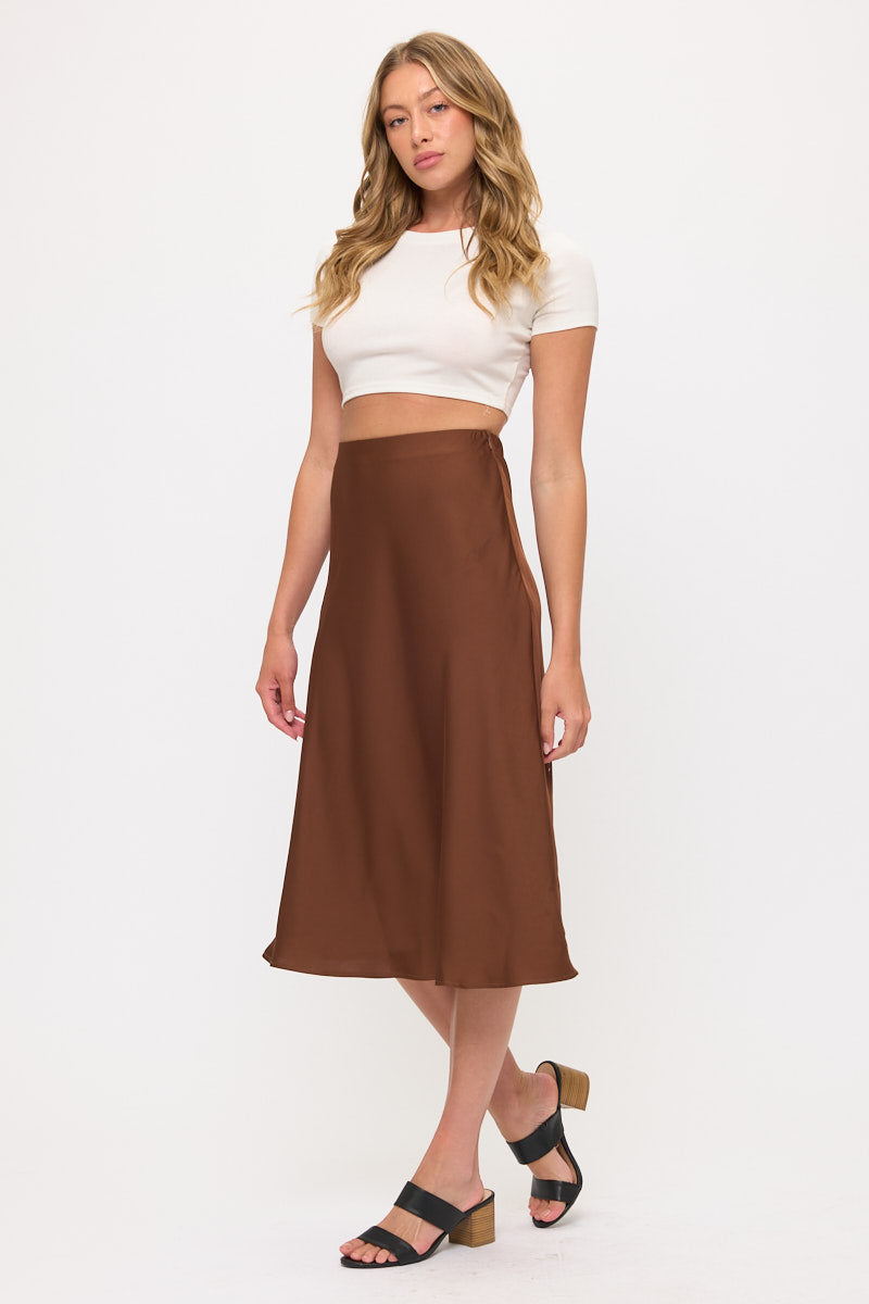 Satin Midi Slip Skirt with Waistband