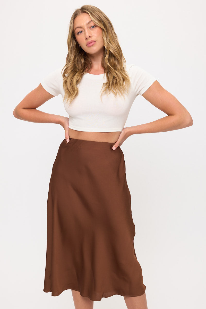 Satin Midi Slip Skirt with Waistband