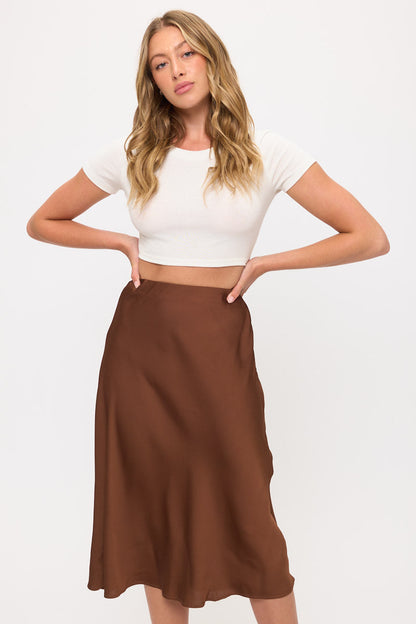 Satin Midi Slip Skirt with Waistband