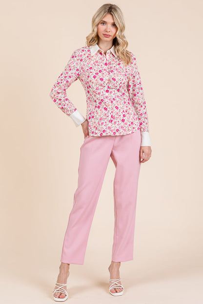 Contrast Collar Floral Long Sleeve Blouse Tops