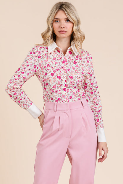 Contrast Collar Floral Long Sleeve Blouse Tops