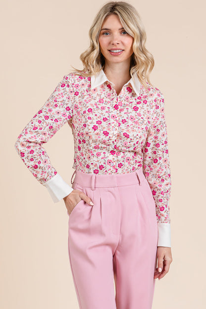 Contrast Collar Floral Long Sleeve Blouse Tops