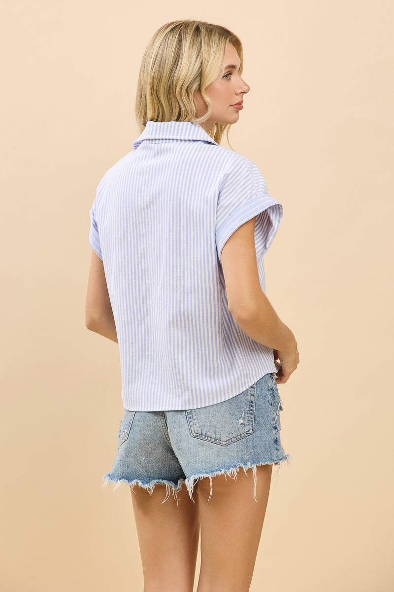 Oversize Striped Roll Sleeve Collared Shirt Blouse