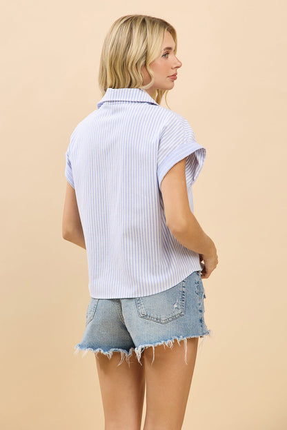 Oversize Striped Roll Sleeve Collared Shirt Blouse