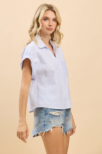 Oversize Striped Roll Sleeve Collared Shirt Blouse