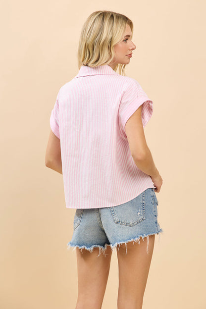 Oversize Striped Roll Sleeve Collared Shirt Blouse