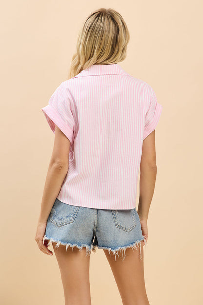 Oversize Striped Roll Sleeve Collared Shirt Blouse