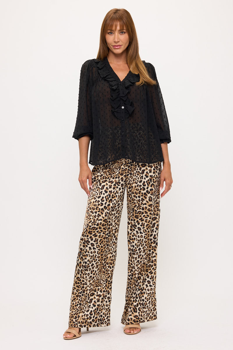 Sheer Dot Ruffle V-Neck Chiffon Blouse