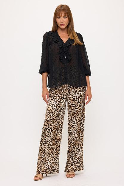 Sheer Dot Ruffle V-Neck Chiffon Blouse