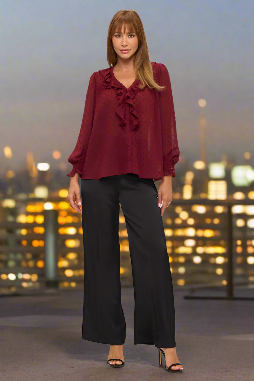 Sheer Dot Ruffle V-Neck Chiffon Blouse
