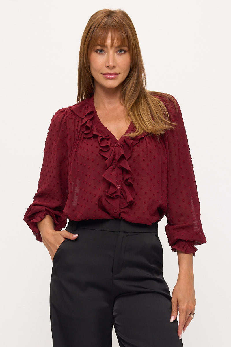 Sheer Dot Ruffle V-Neck Chiffon Blouse