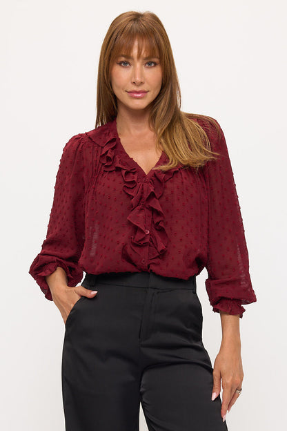 Sheer Dot Ruffle V-Neck Chiffon Blouse