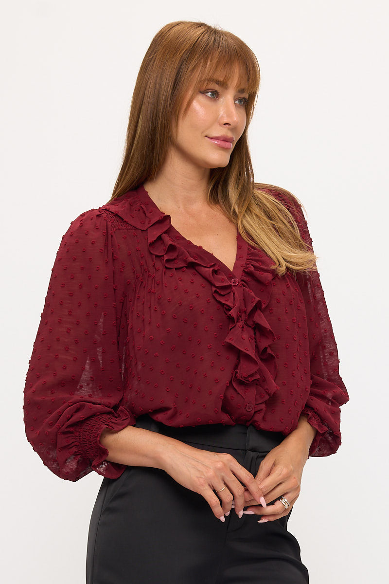 Sheer Dot Ruffle V-Neck Chiffon Blouse