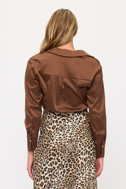 Long Sleeve Classic Satin Button-Up Blouse