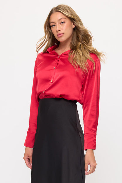 Long Sleeve Classic Satin Button-Up Blouse