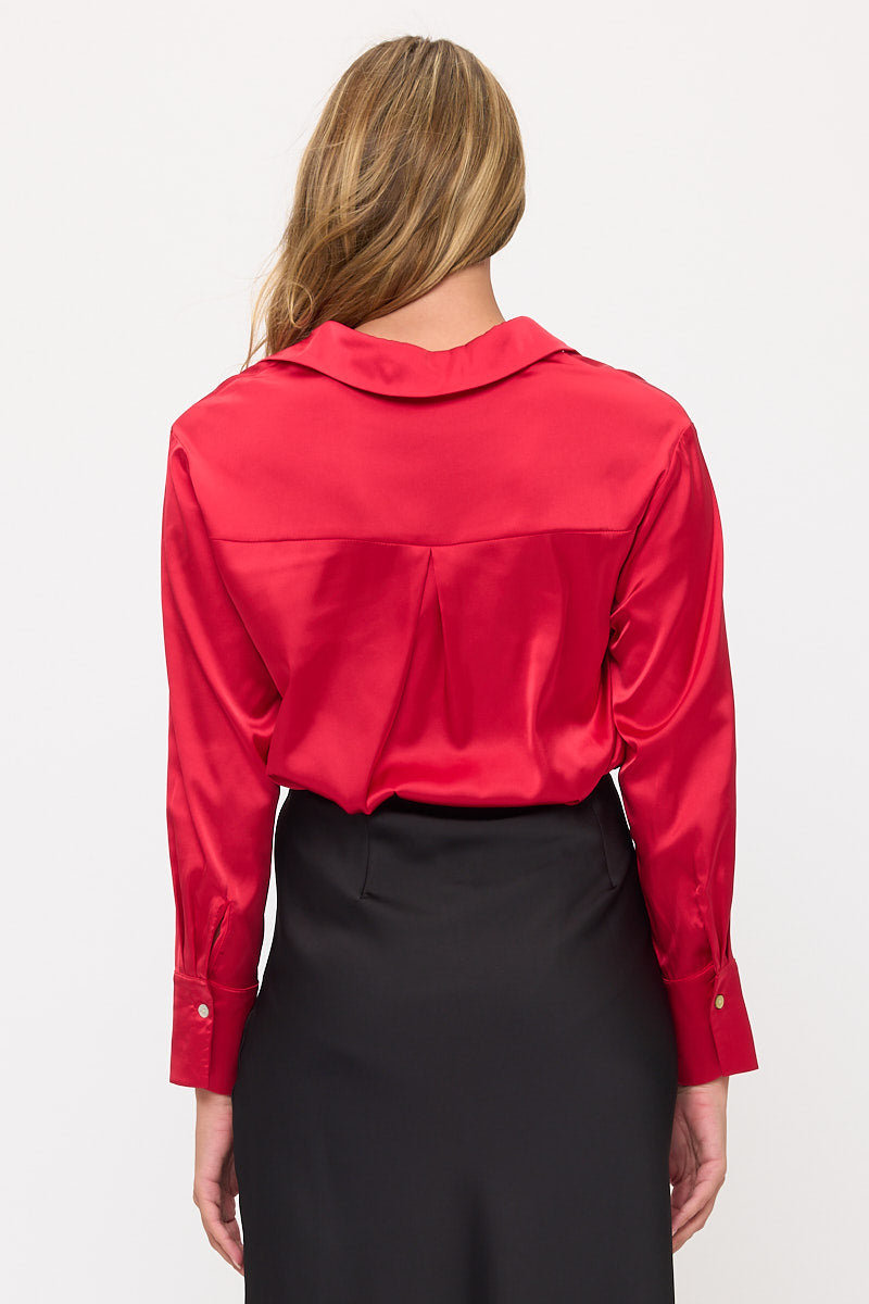 Long Sleeve Classic Satin Button-Up Blouse