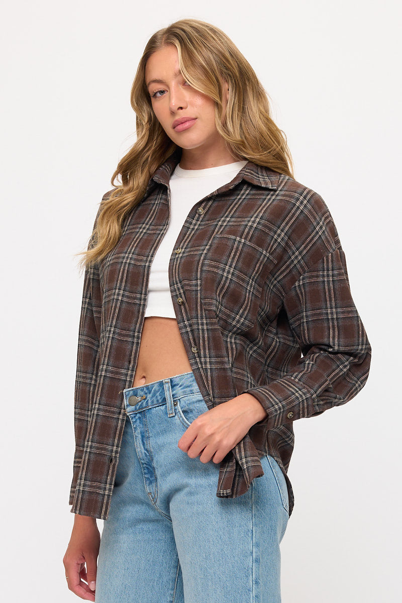 Long Sleeve Plaid Button-Up Flannel Overshirt