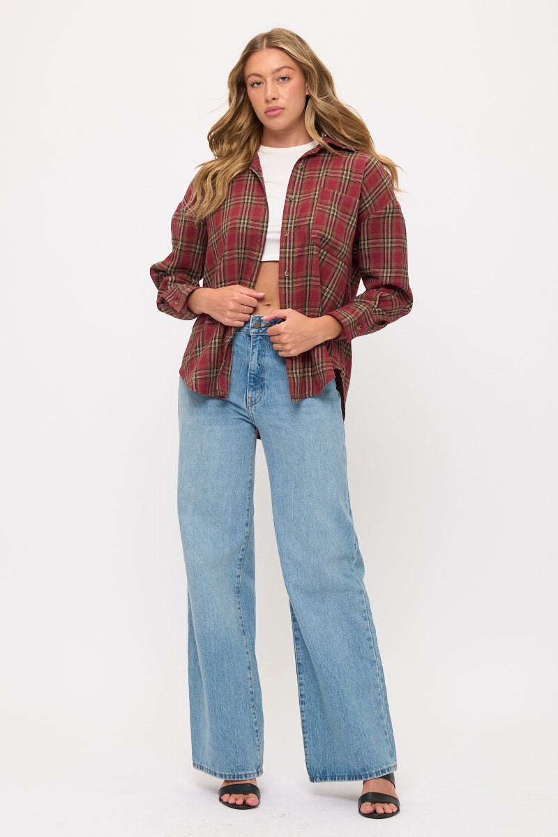 Long Sleeve Plaid Button-Up Flannel Overshirt