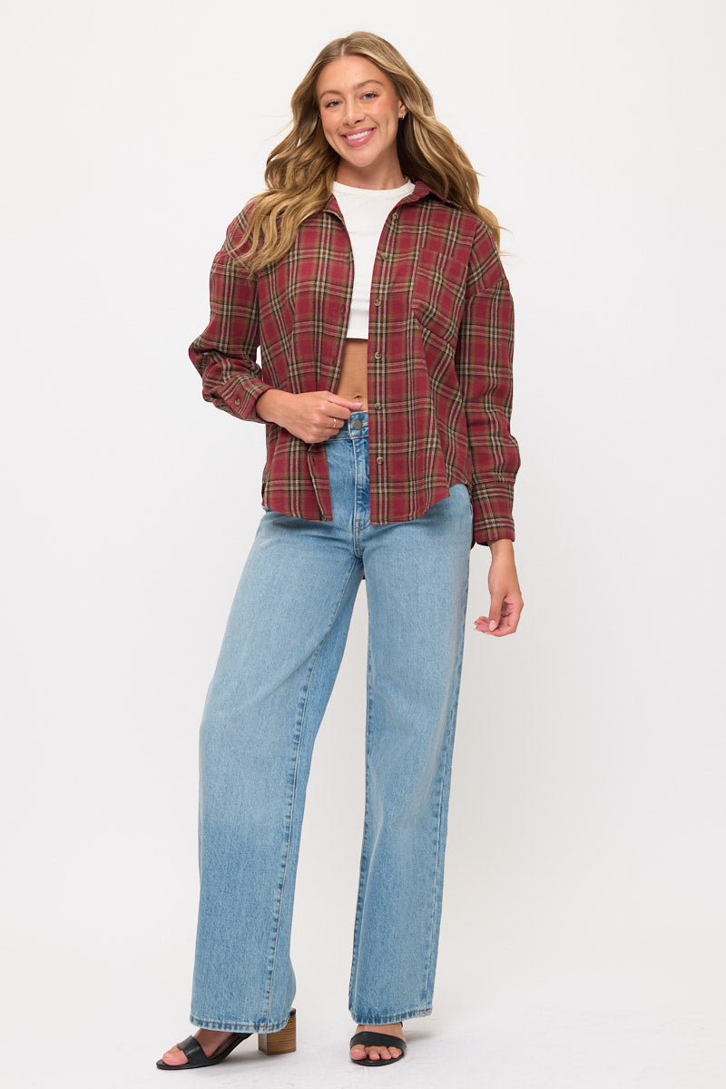 Long Sleeve Plaid Button-Up Flannel Overshirt