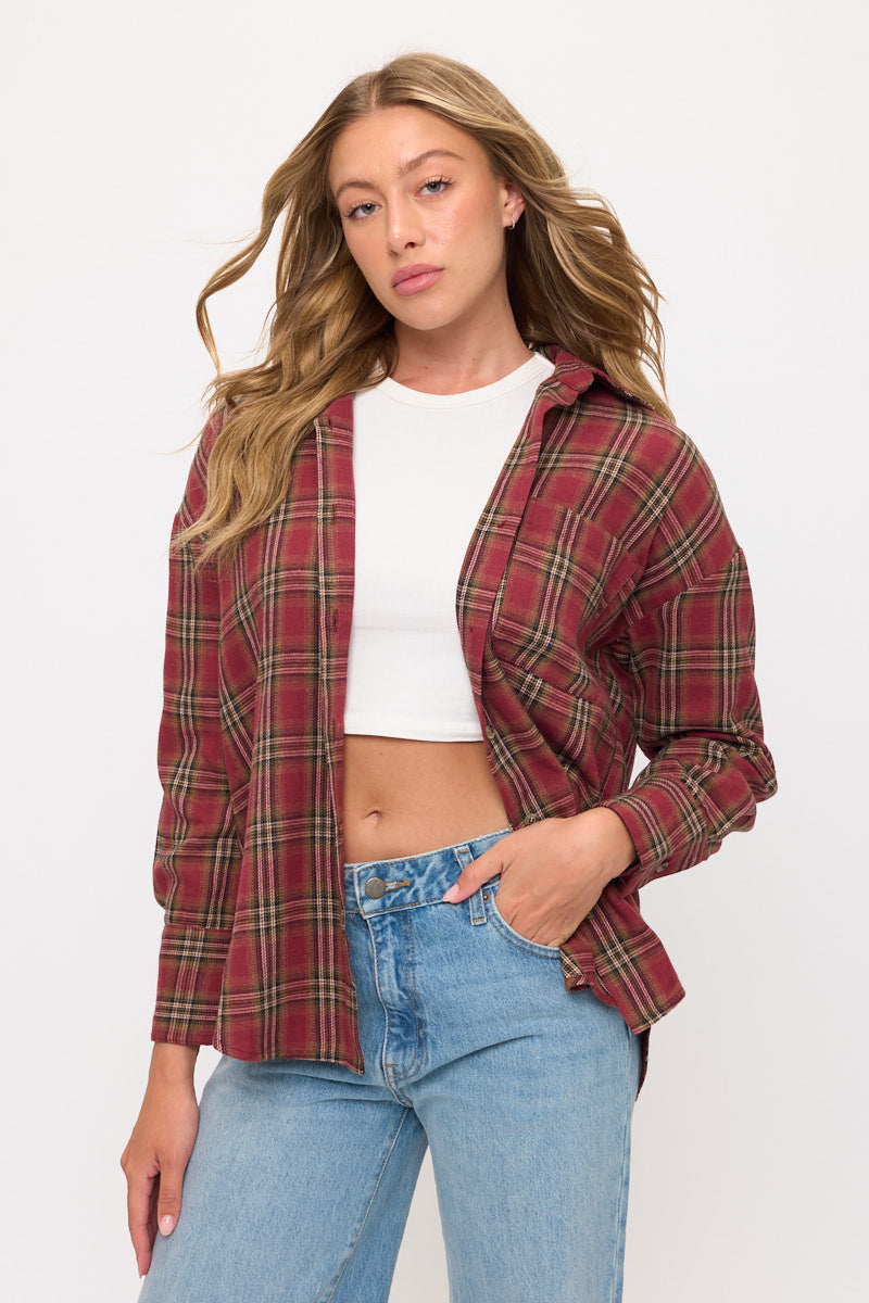 Long Sleeve Plaid Button-Up Flannel Overshirt