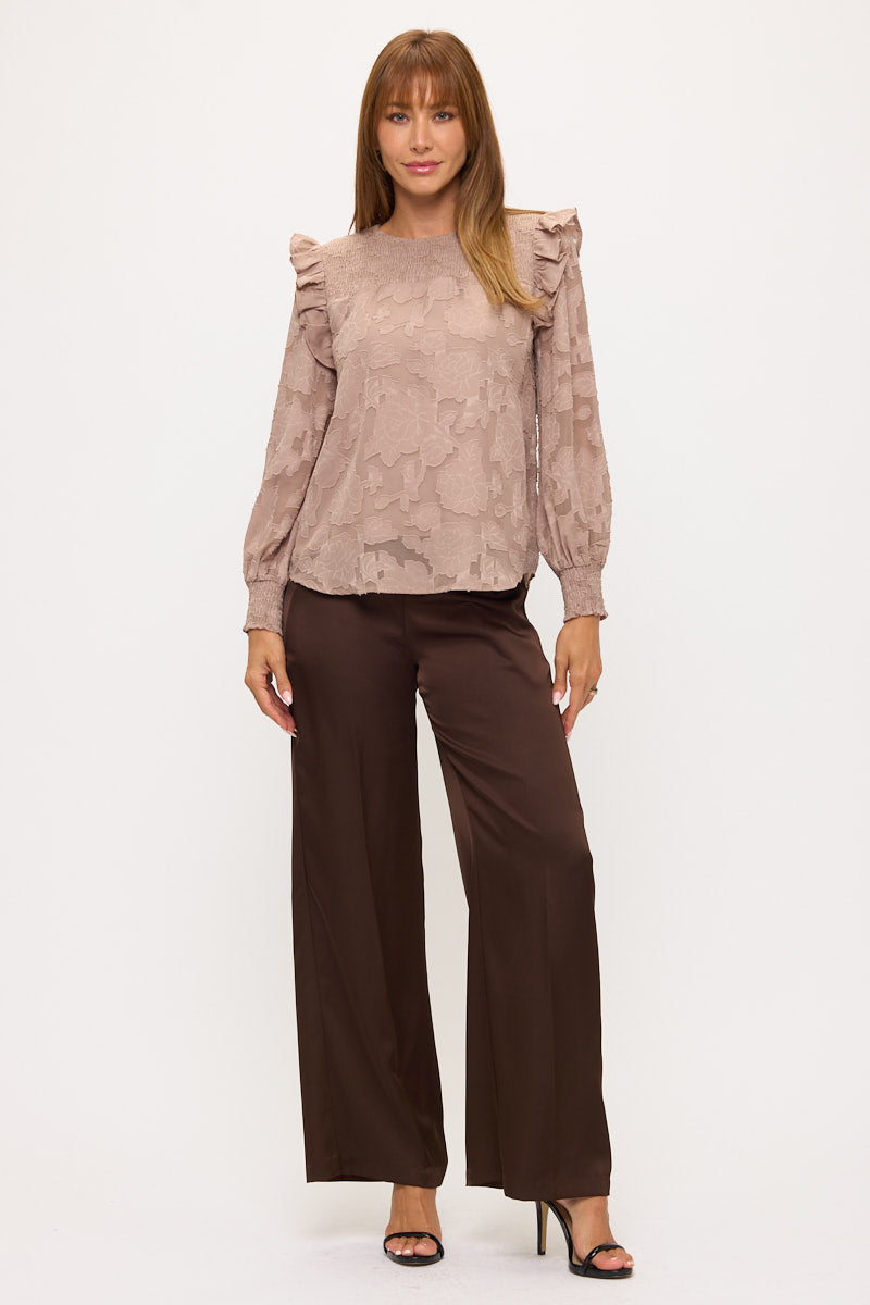 Floral Textured Smocked Shoulder Ruffle Blouse