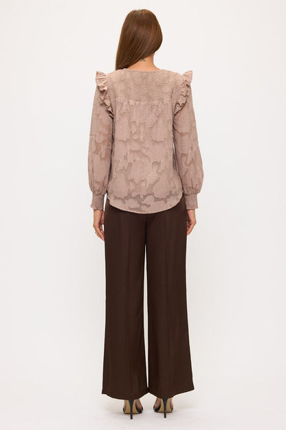 Floral Textured Smocked Shoulder Ruffle Blouse