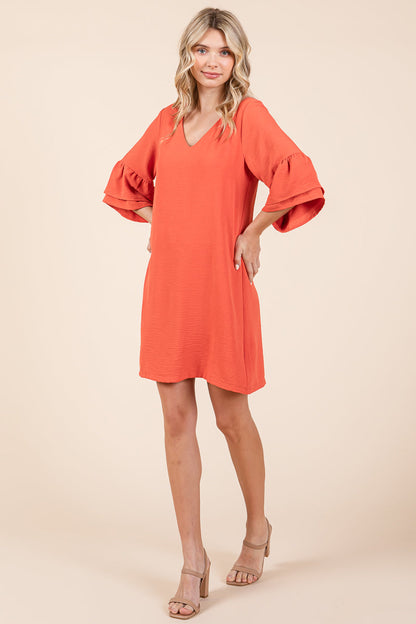 V neck Flounce Ruffle Sleeve Tunic Shift Dress