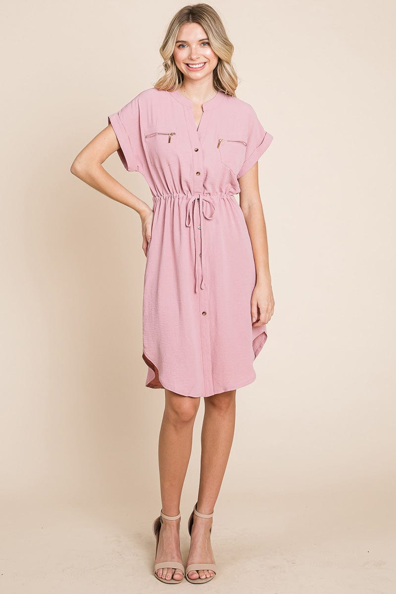 Button up Tie Waist V neck Shirt Dress