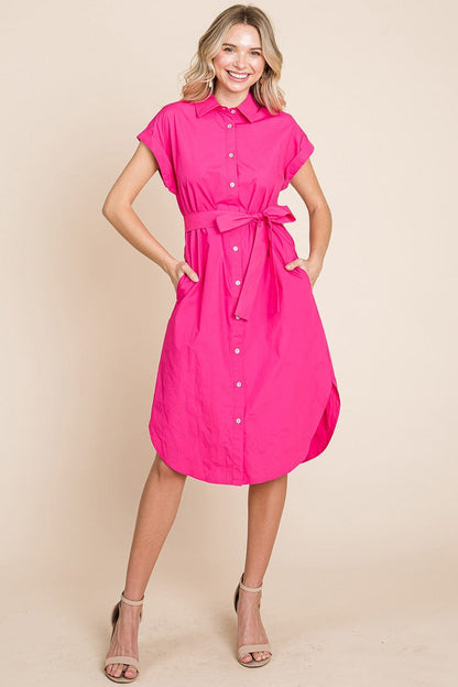 Button up Tie Waist Poplin Pocketed Shirt Dress
