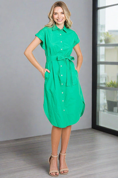 Button up Tie Waist Poplin Pocketed Shirt Dress